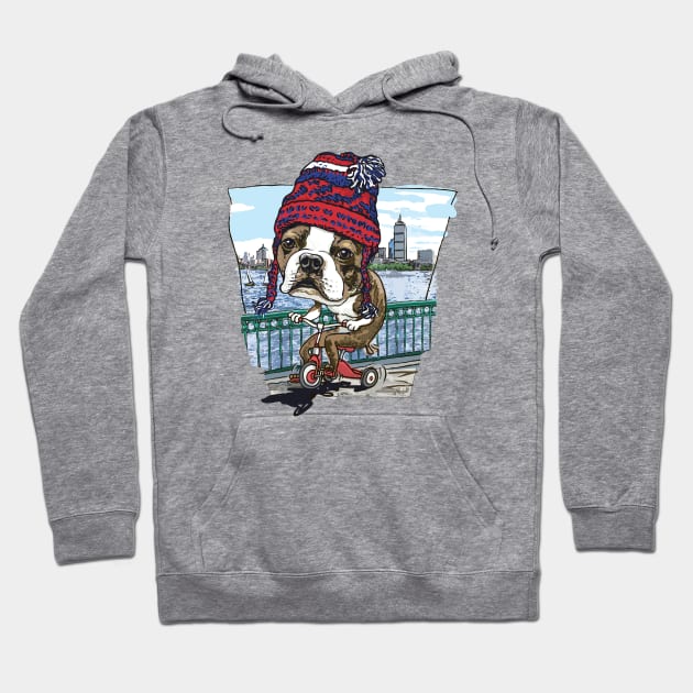 Boston Terrier Dog with Red, Blue and White Winter Beanie Hoodie by Mudge